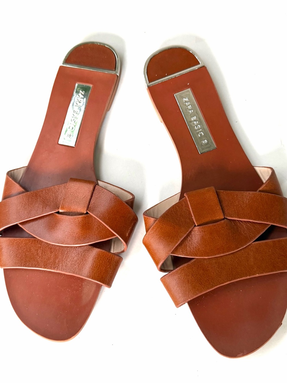 Zara Basic 8 Brown Leather Knot Slide Sandals Size 39 Flat